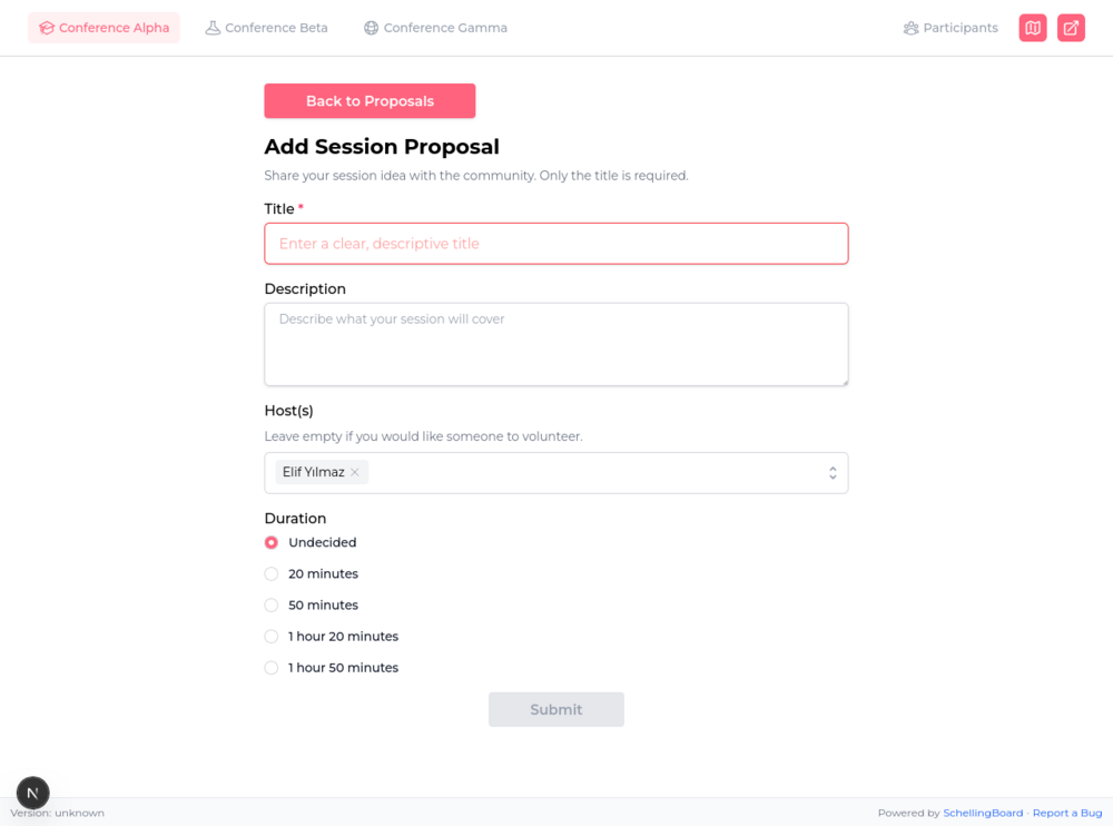 Add Session Proposal form with title, description, host, and duration fields
