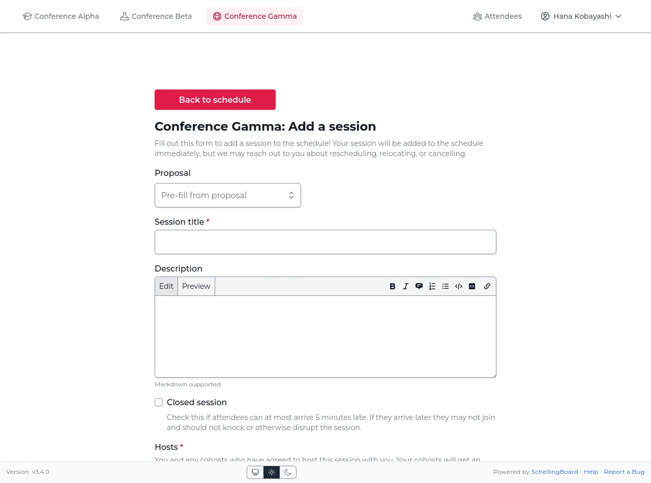 Form for adding a session directly to the schedule, with closed-session checkbox, hosts, and location fields