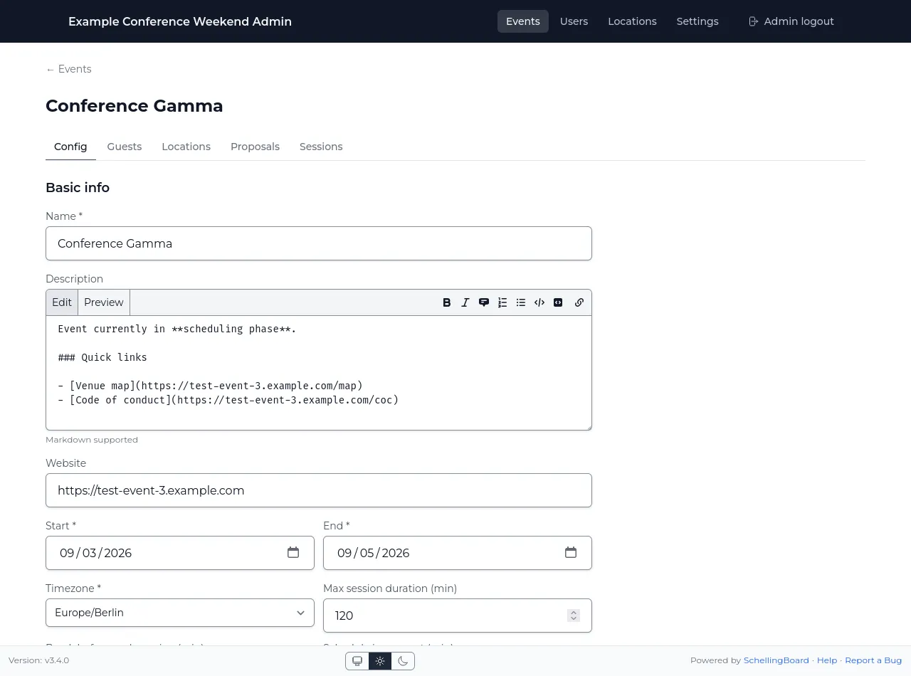 Admin event configuration form with name, description, dates, timezone, and scheduling settings