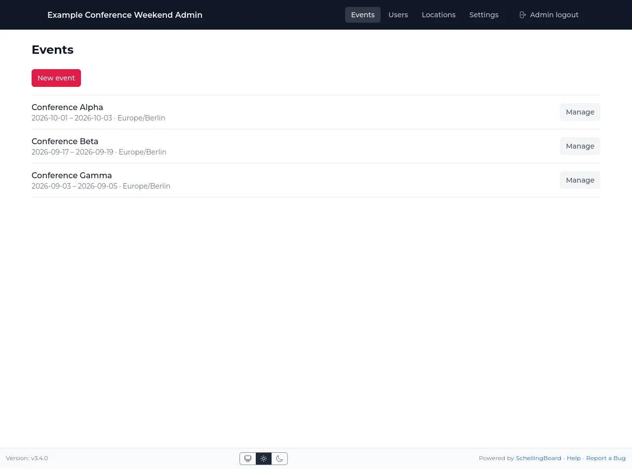 Admin panel listing all events with their dates and a Manage button for each