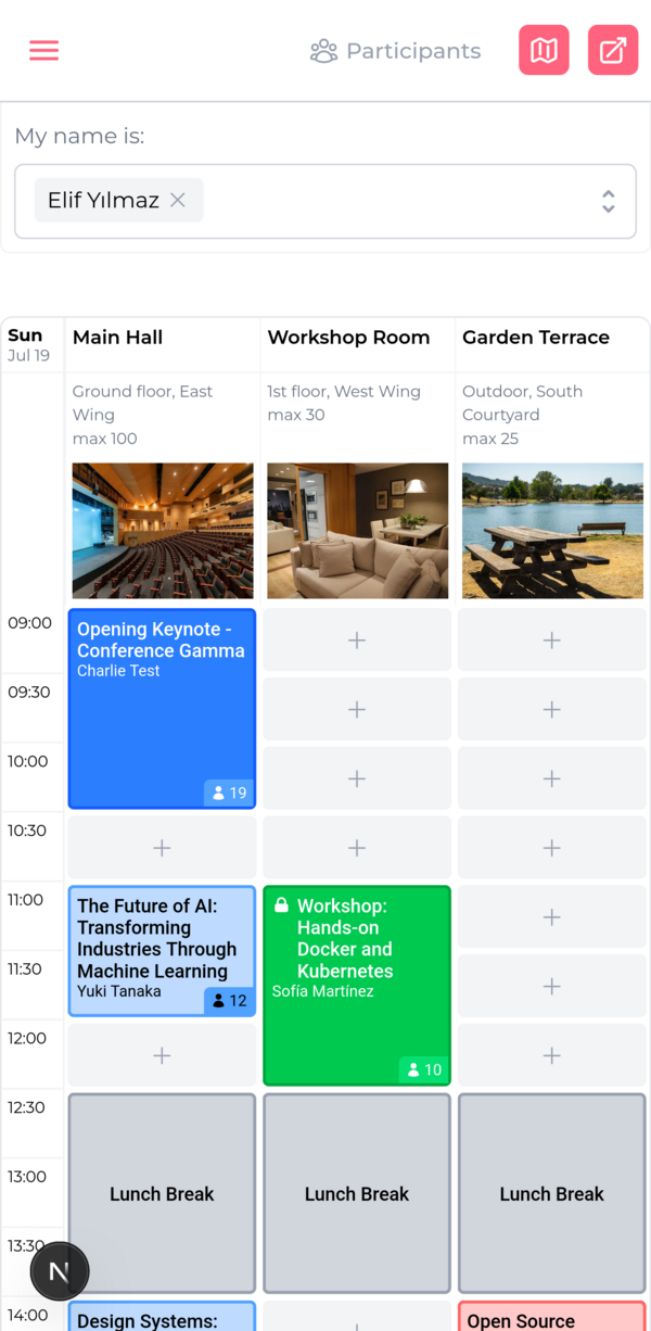 The scheduling grid rendered on a mobile phone screen