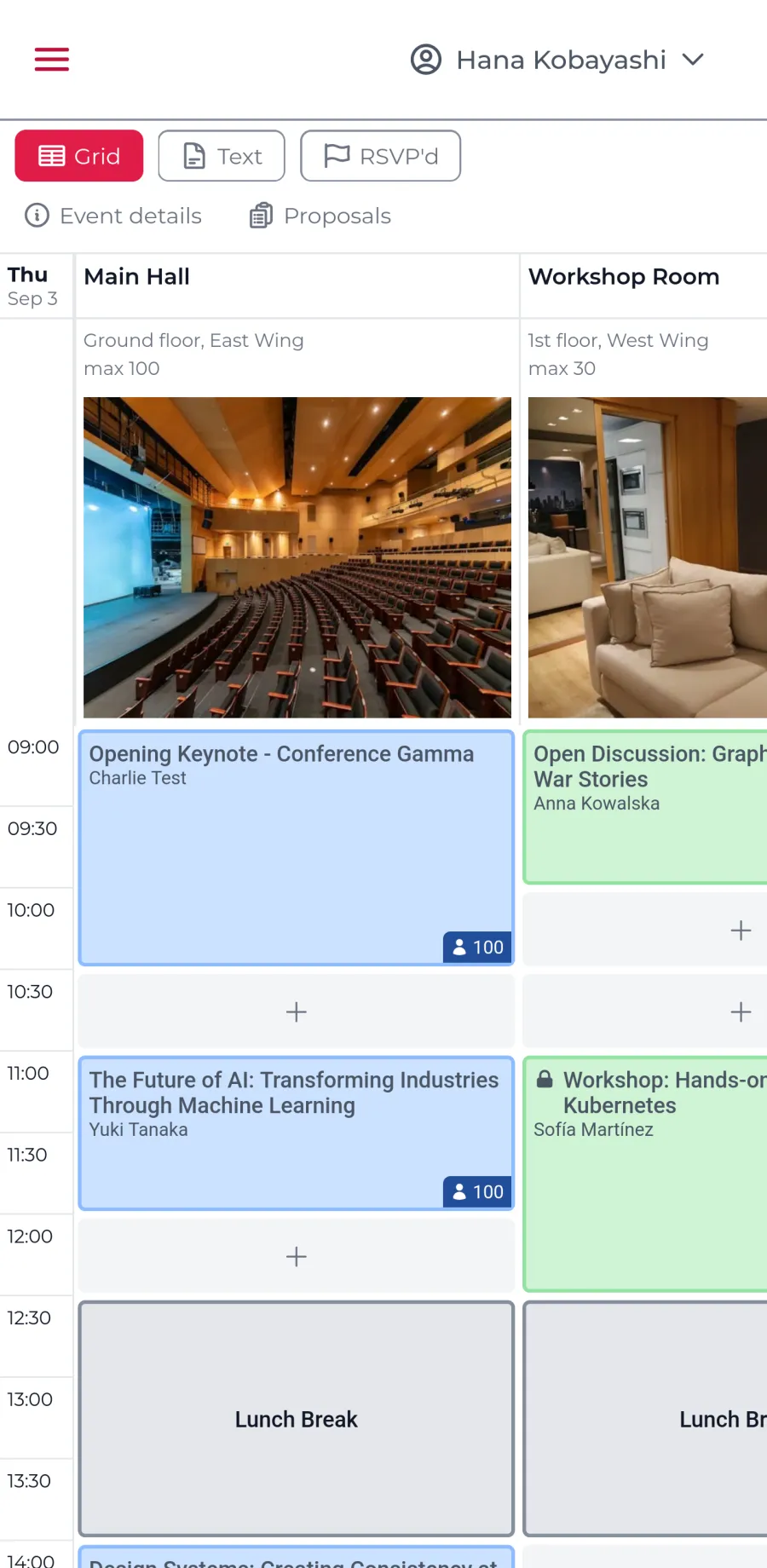 The scheduling grid rendered on a mobile phone screen
