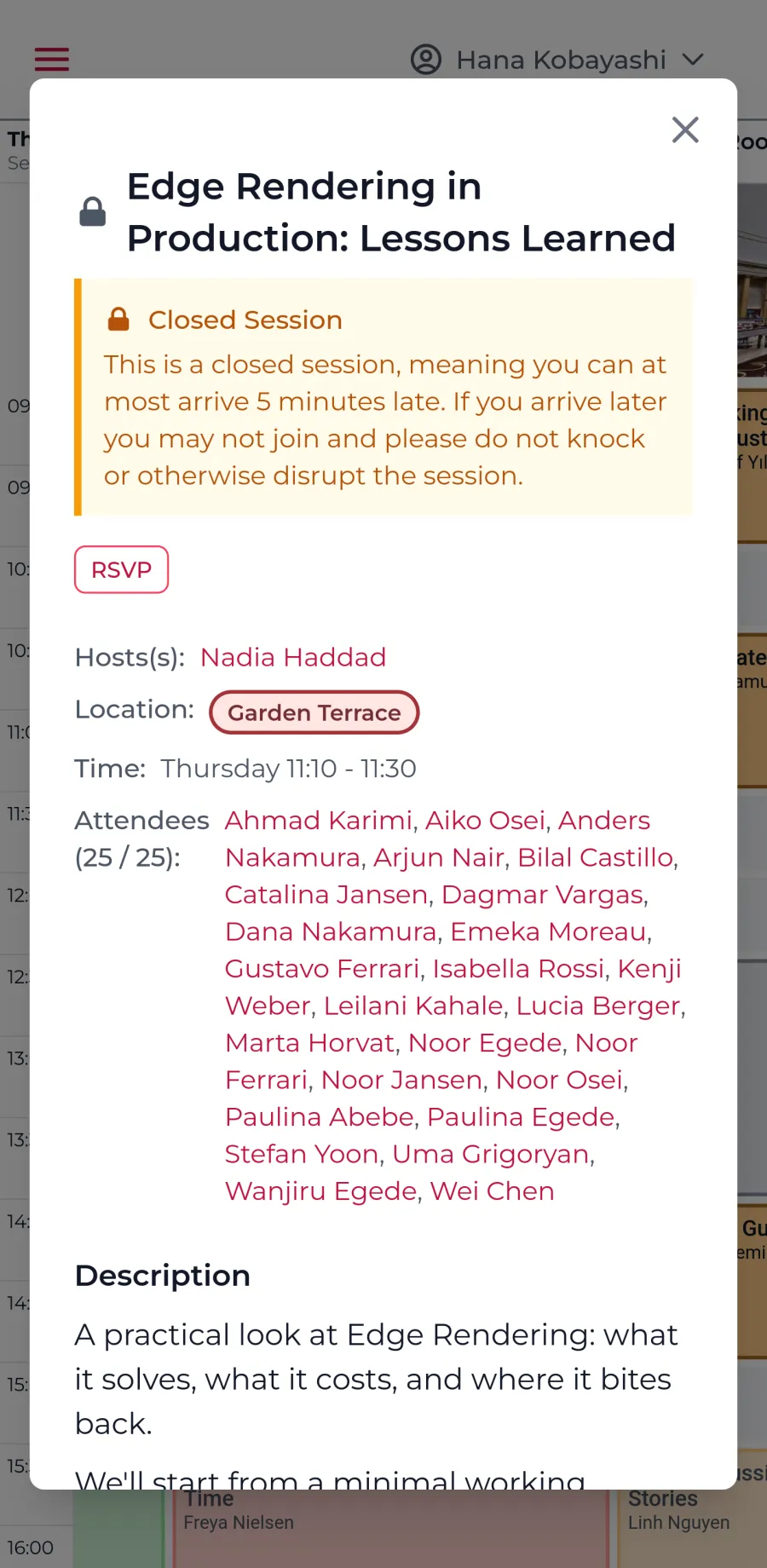 Mobile session detail popup with a closed-session warning about late arrivals