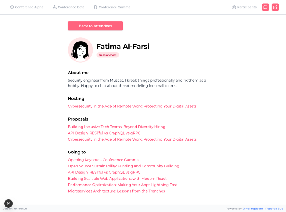 Participant profile page showing bio, sessions hosted, proposals made, and sessions they're attending