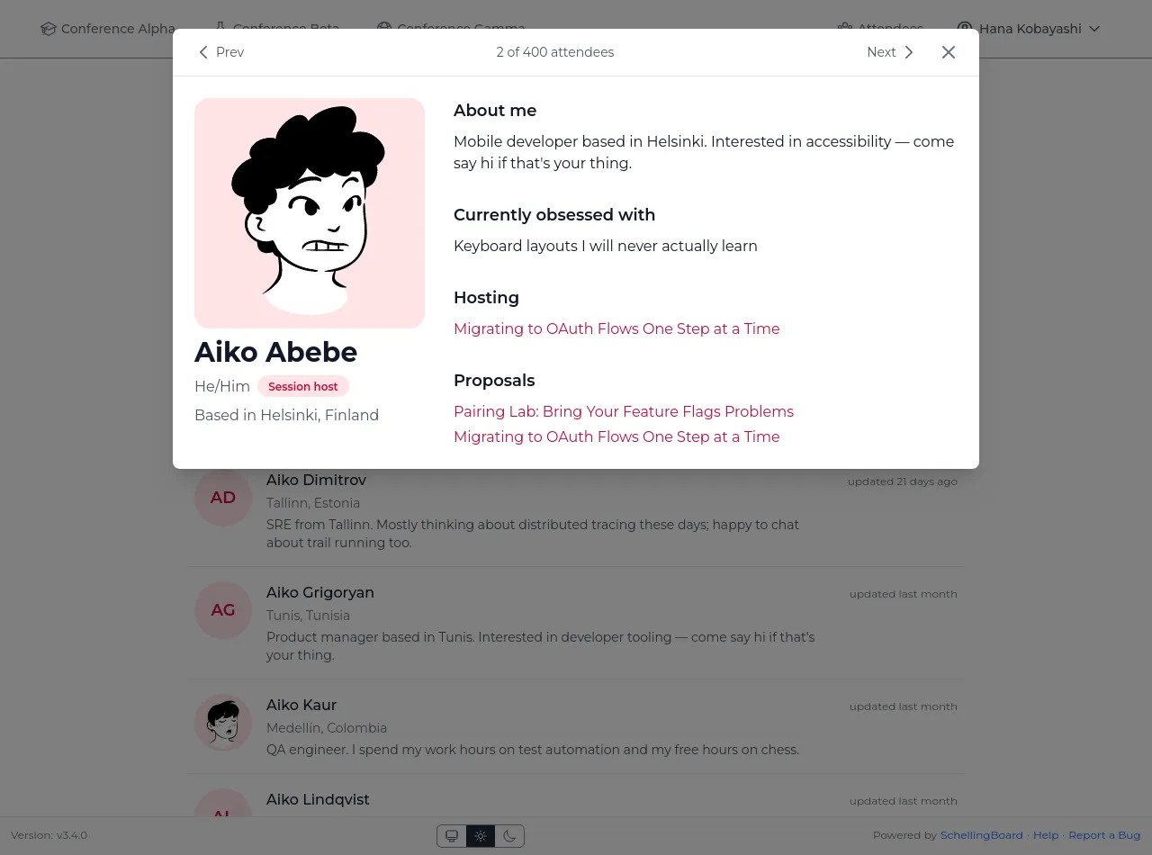 Participant profile page showing bio, proposals made, and sessions they're hosting