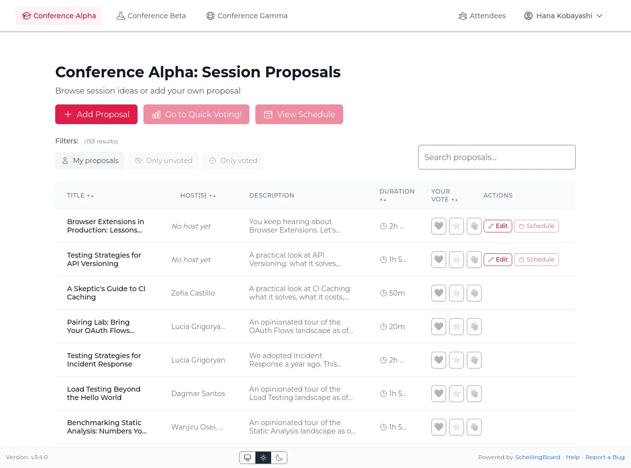 List of session proposals with search, filters, and columns for title, host, and duration