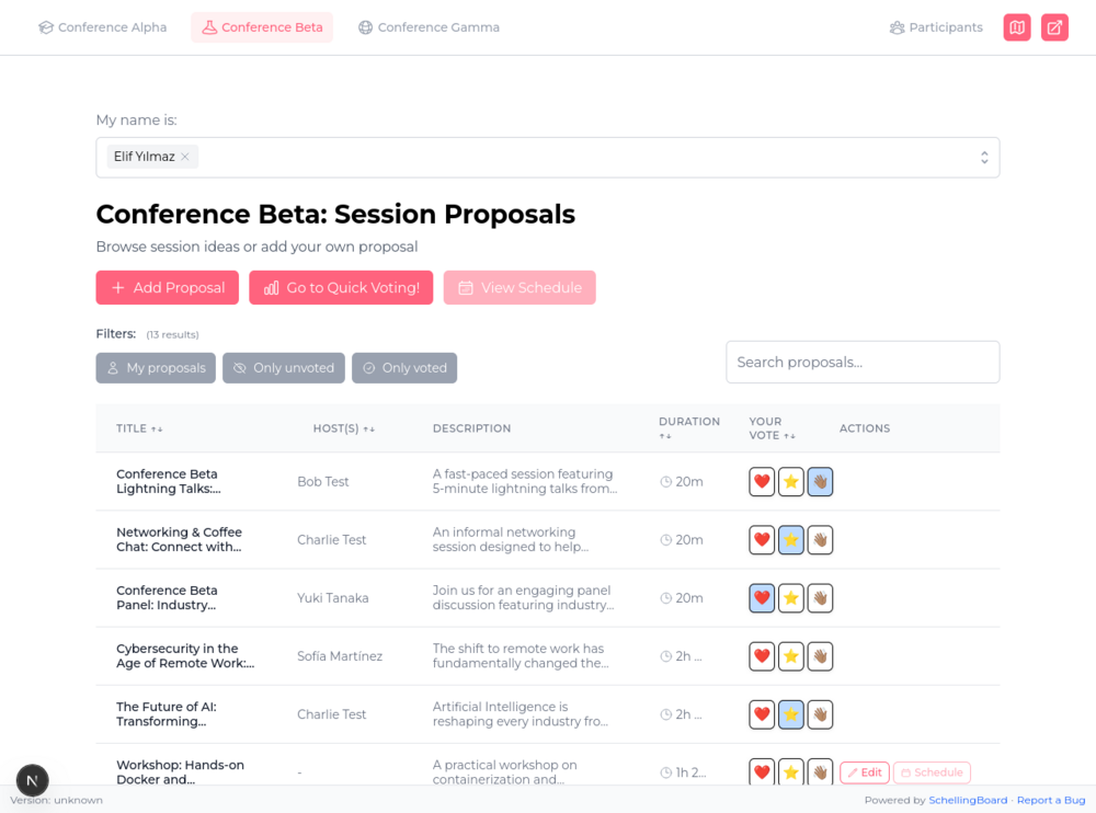 List of session proposals with search, filters, and one-click Interested / Maybe / Skip voting