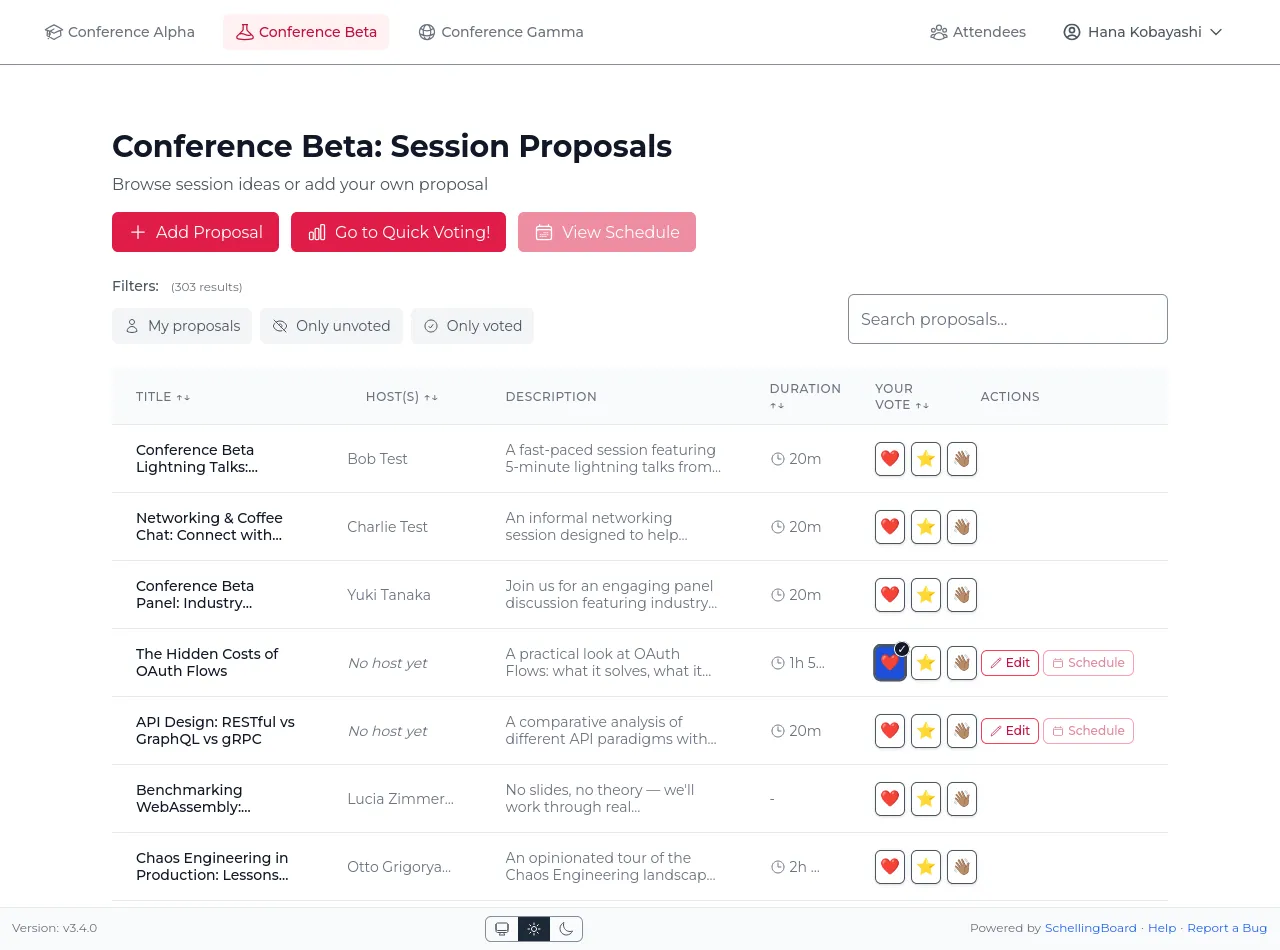 Proposal list with Interested / Maybe / Skip vote buttons, some already selected and highlighted