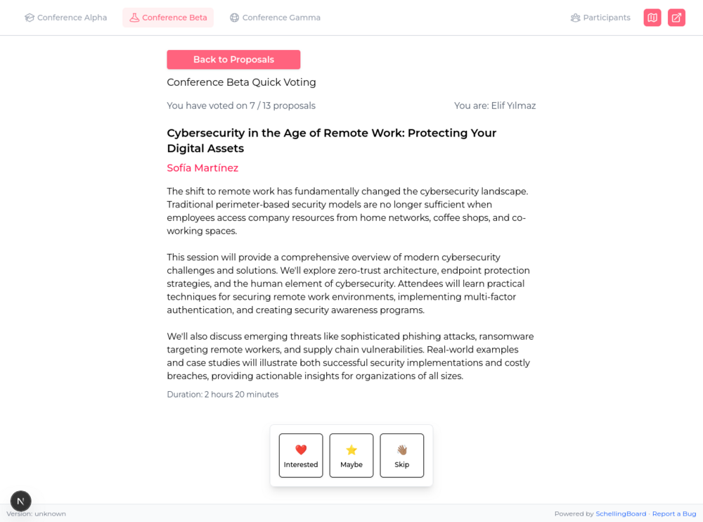 Quick Voting mode showing one proposal at a time with a vote count and large vote buttons