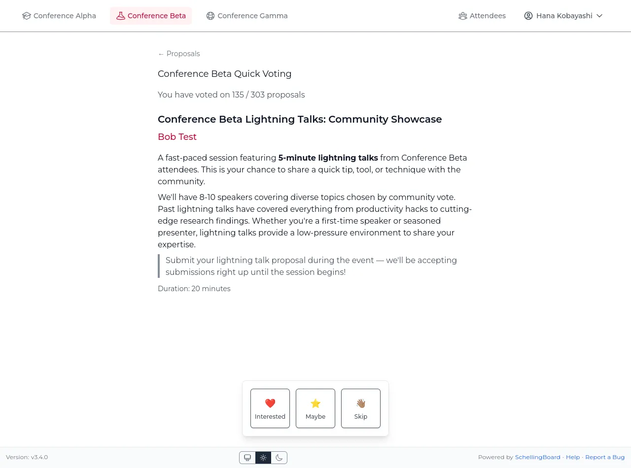 Quick Voting mode showing one proposal at a time with large Interested / Maybe / Skip buttons