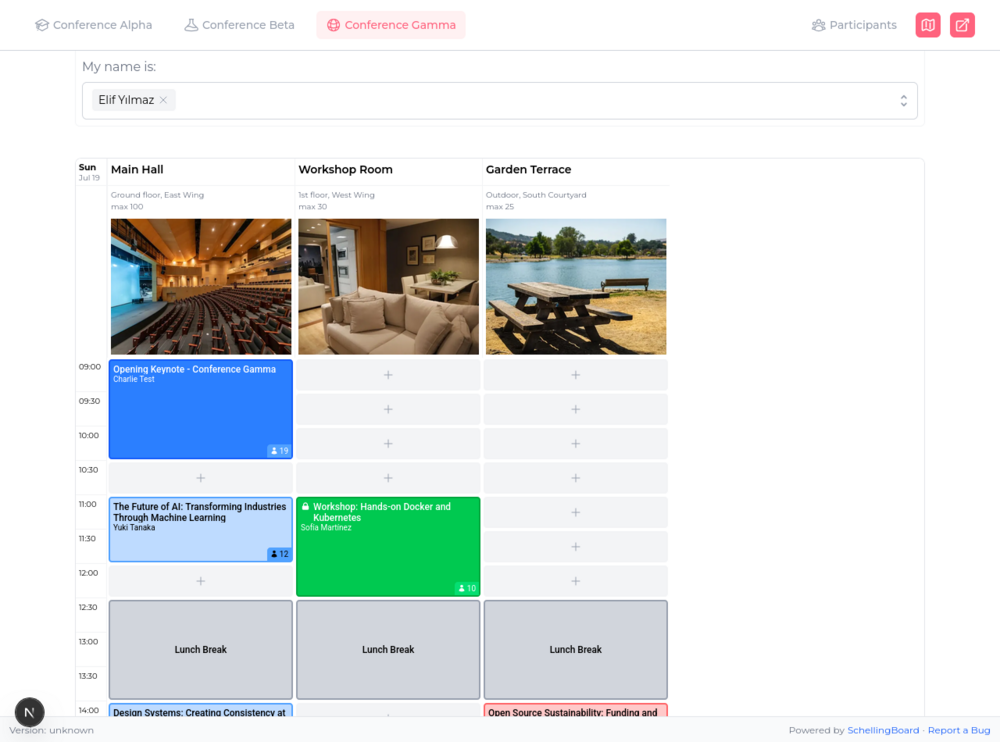 Drag-and-drop scheduling grid with rooms as columns and time slots as rows