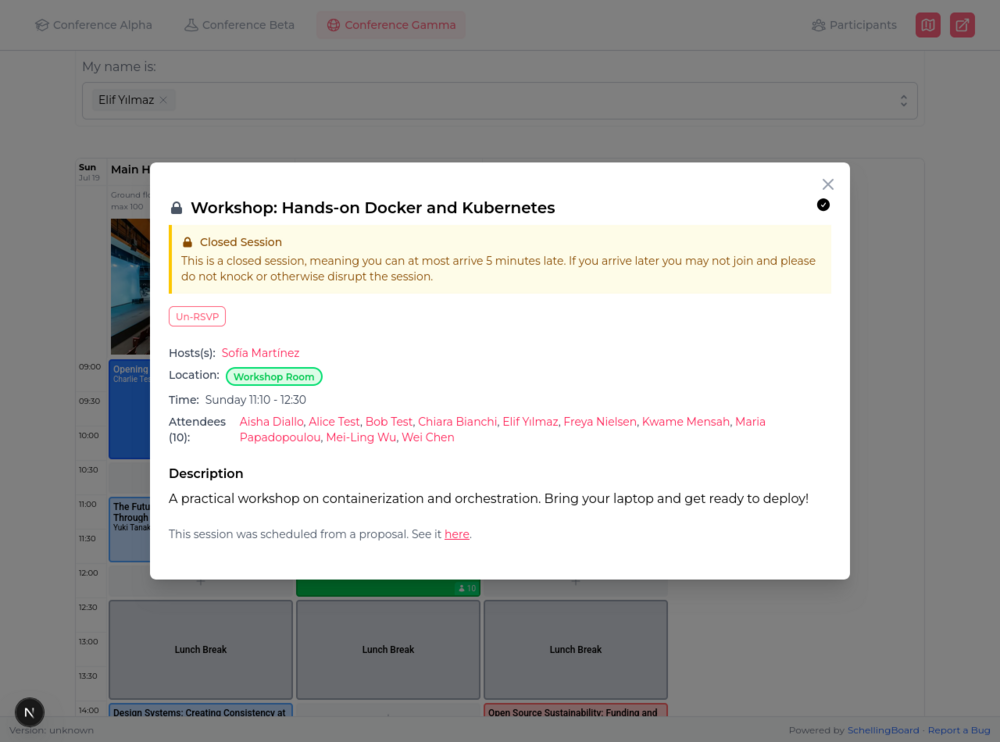 Session detail popup with host, location, time, attendee list, and a closed-session notice