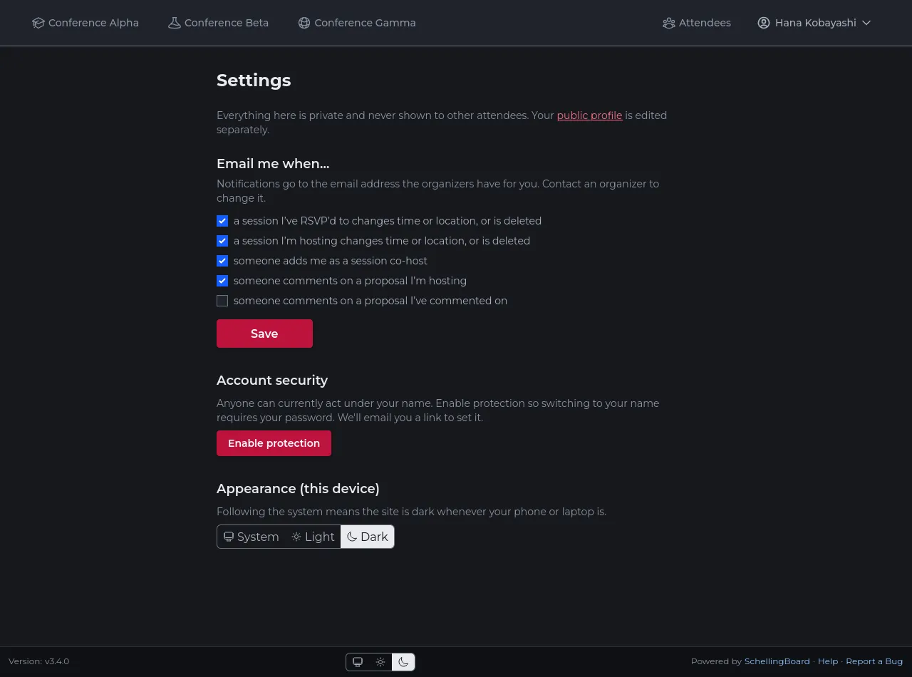 Settings page in dark mode, one of the supported themes, with email notification checkboxes and an Enable protection button for account security